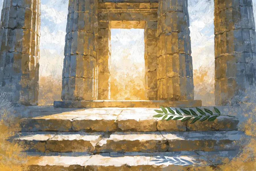 A temple doorway lit by dawn light — the start of the journey