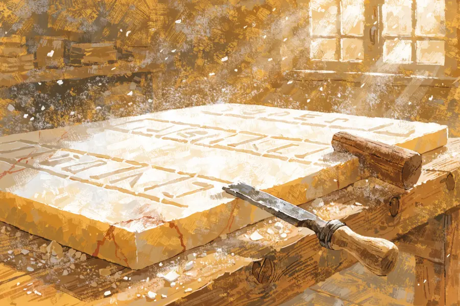A marble tablet mid-carving — a program taking shape