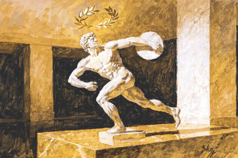 A marble athlete mid-throw crowned by a laurel wreath
